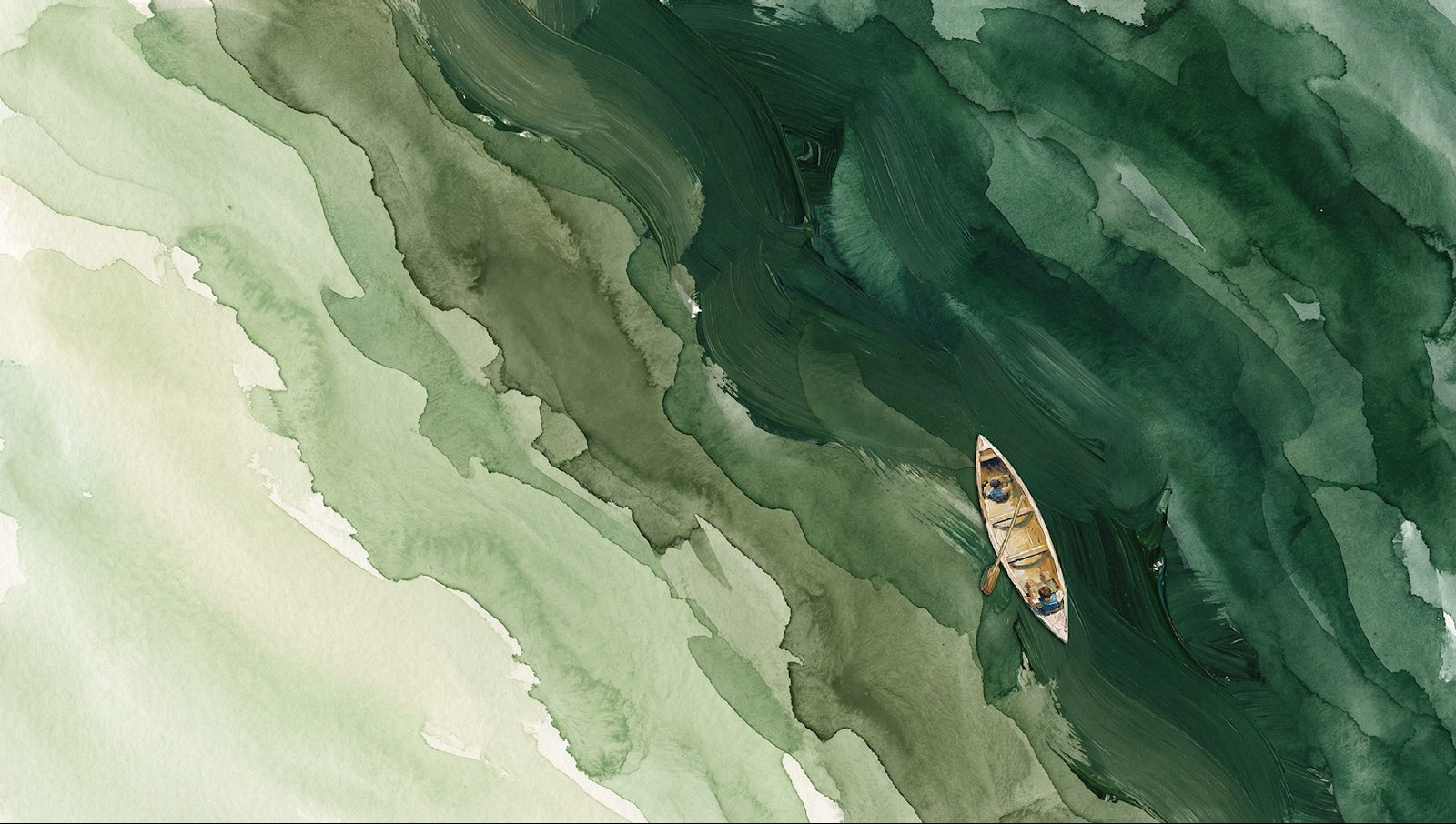 Aquarela em tons de verde mostrando uma pequena canoa em águas abertas.