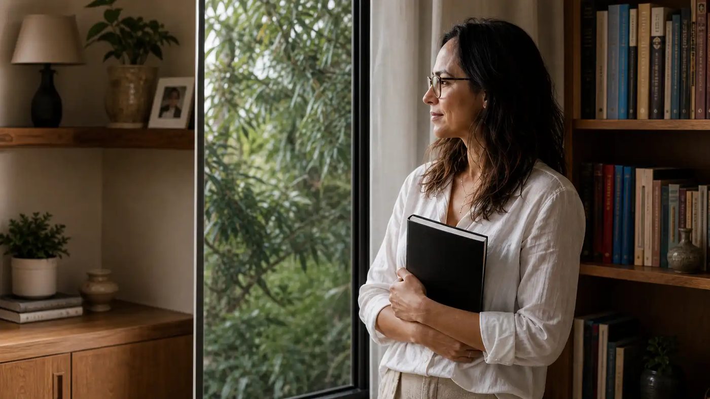 Mulher de pé junto à janela, segurando um caderno, em um momento de reflexão.