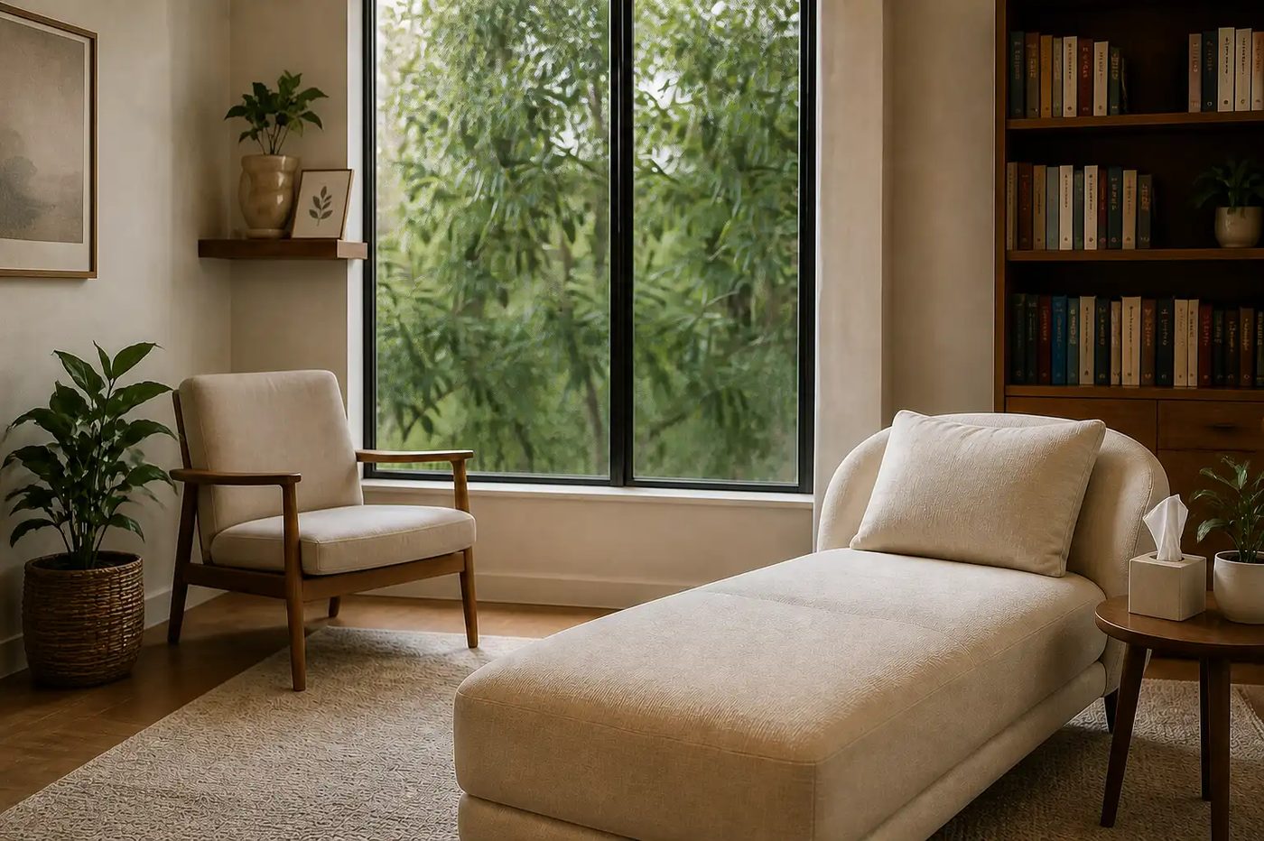 Sala de terapia da Luana Sanches: divã claro, poltrona de madeira e estante de livros junto à janela.