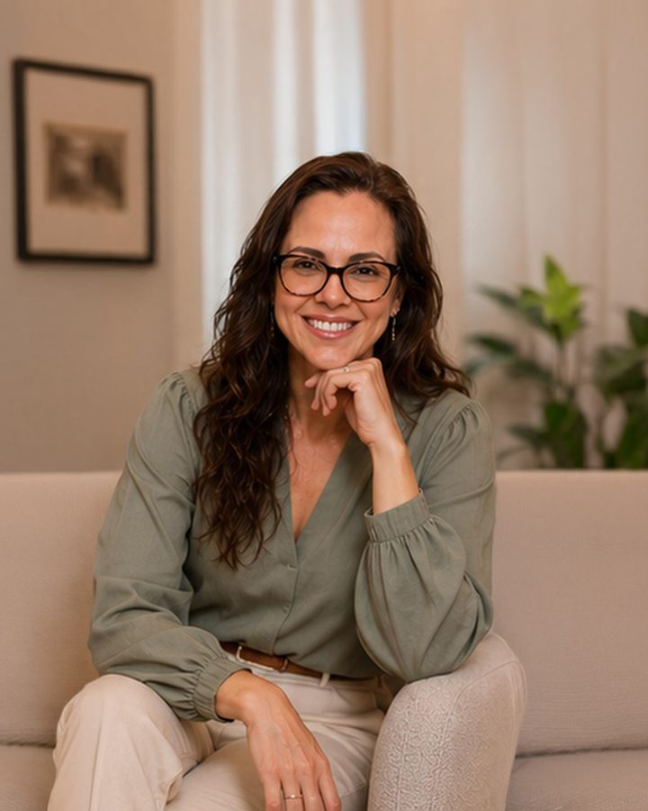 Luana Sanches, psicanalista e terapeuta, sentada em um sofá claro.