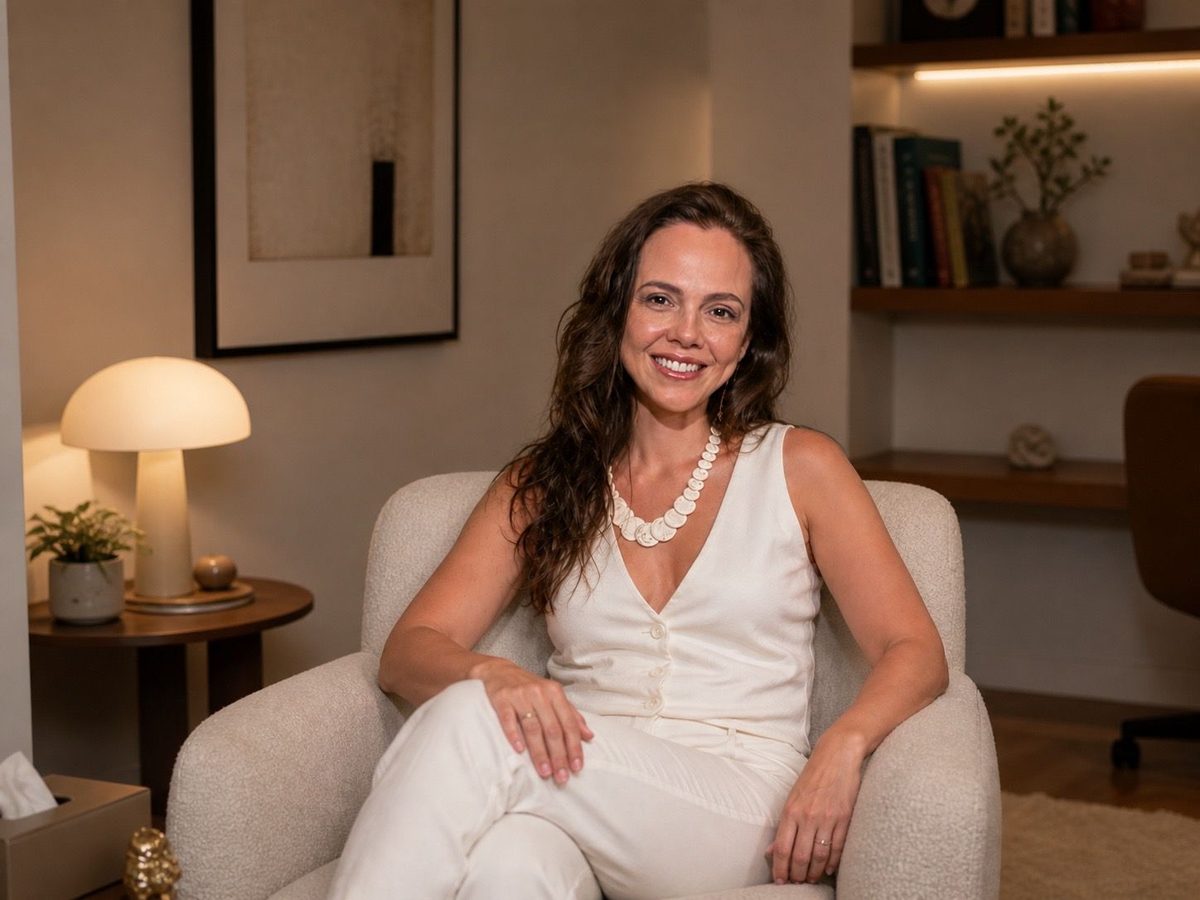 Luana Sanches sorrindo, sentada na poltrona do consultório em Perdizes.
